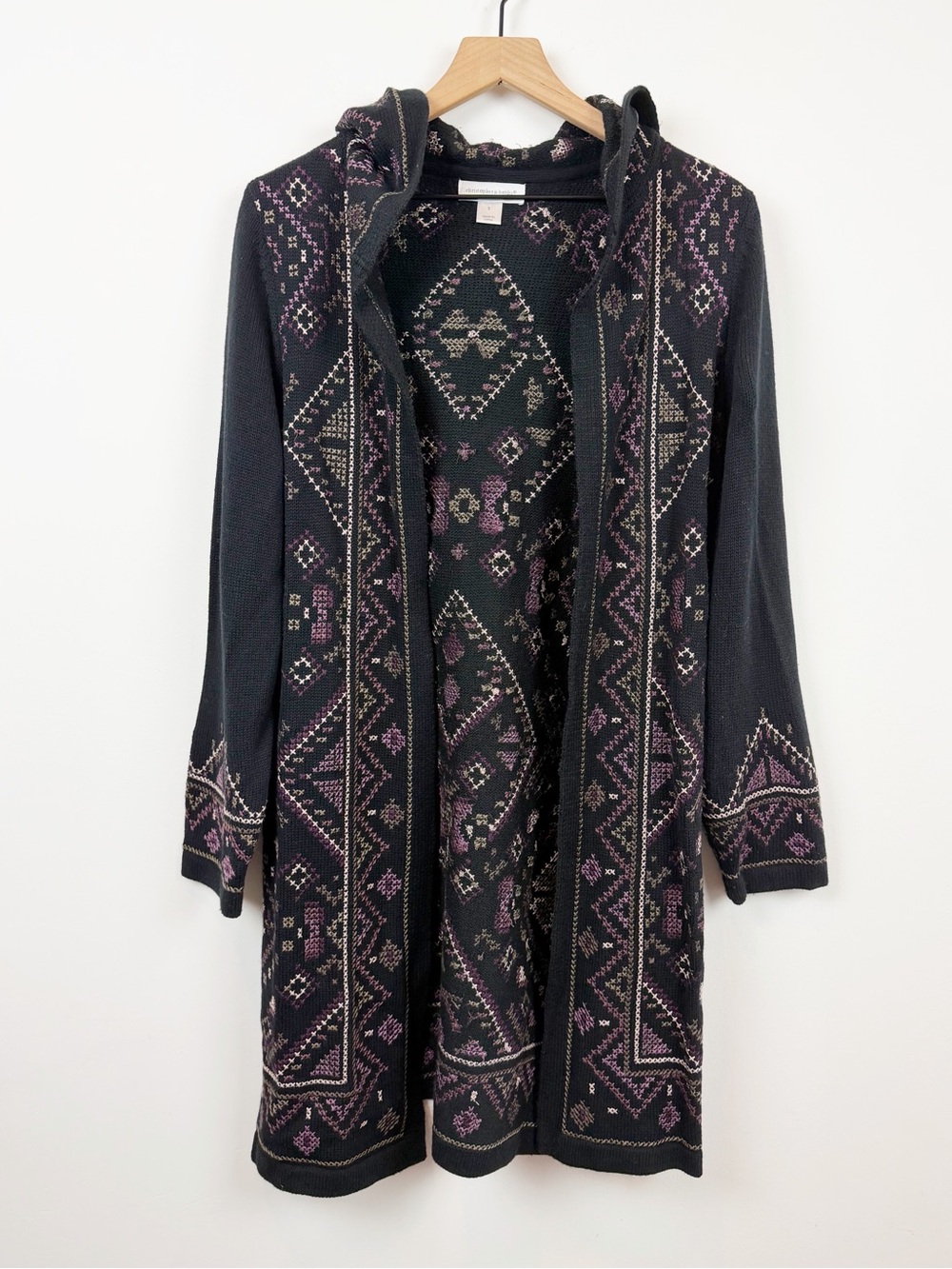 Christopher & Banks Longline Embroidered Hooded Open Front Duster Cardigan